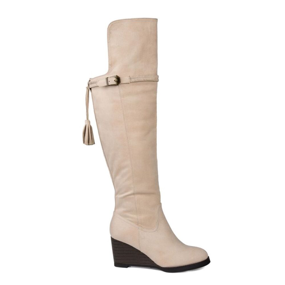 JOURNEE COLLECTION Womens Ivory Strap Jezebel Almond Wedge Heeled Boots 6 M - Picture 2 of 4